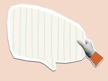 Siyah ve beyaz el renkli bir konuşma baloncuğu tutuyor. Kopya alanı var. Kolaj elementi. Vektör illüstrasyonu