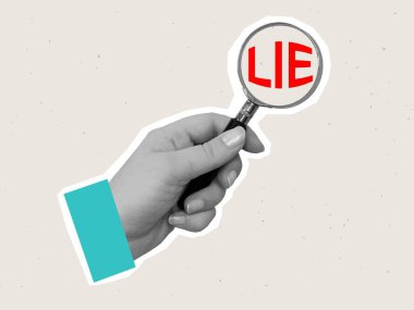 Siyah ve beyaz el, içinde metin olan bir büyüteç tutuyor. Modern kolaj tarzında vektör illüstrasyonu