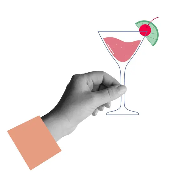 Kädessä Lasi Cocktailia Kirsikalla Limetillä Kollaasielementti Vector Kuva Eristetty Valkoisella — vektorikuva