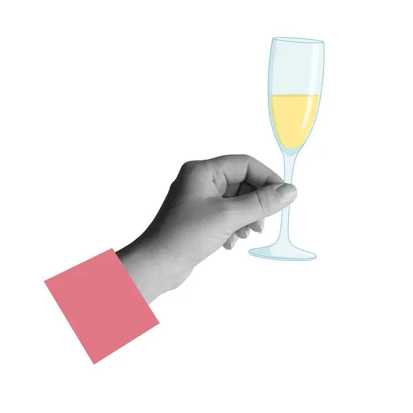 手はシャンパンのグラスを持っています コラージュ要素 白い背景に隔離されたベクトルイラスト — ストックベクタ