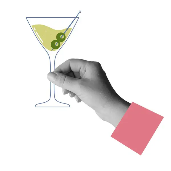 Main Tient Verre Martini Avec Olive Élément Collage Illustration Vectorielle — Image vectorielle