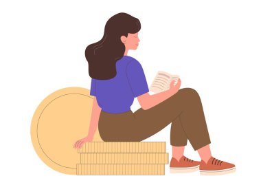 Genç bir kadın para yığınının üzerinde otururken kitap ya da ders kitabı okur. Düz vektör illüstrasyonu