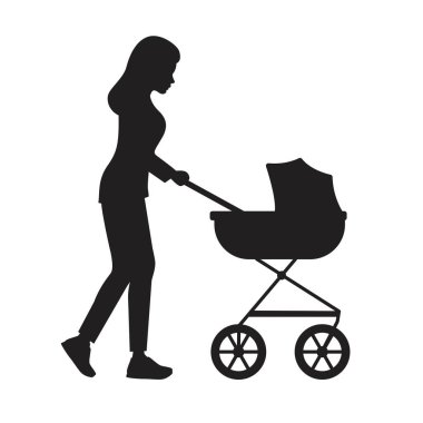 Bebek arabasıyla yürüyen siyah bir kadın silueti. Vektör illüstrasyonu beyaz arkaplanda izole edildi