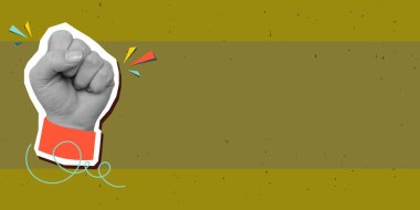 Siyah ve beyaz kadının eli yumruğunu gösteriyor, mesaj için yer arıyor. Modern kolaj tarzı. Vektör illüstrasyonu