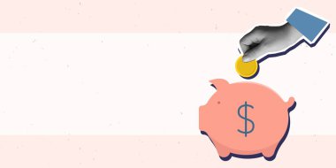 El, kumbaraya yazı için bozuk para koyar. Modern fotoğraf kolajı tarzı. Vektör illüstrasyonu