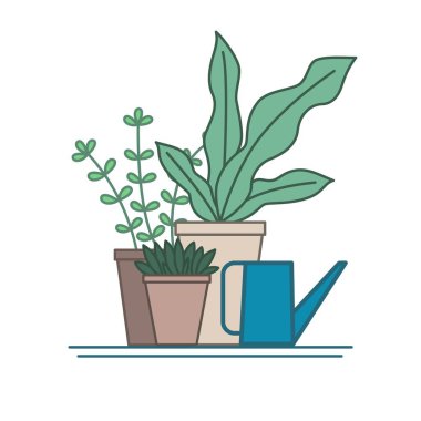 Ev bitkileri ve sulama kutusu. Vektör illüstrasyonu beyaz arkaplanda izole edildi