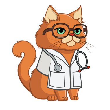Gözlüklü ve tıbbi önlüklü akıllı bir kedi. Doktor kedi. Vektör illüstrasyonu beyaz arkaplanda izole edildi