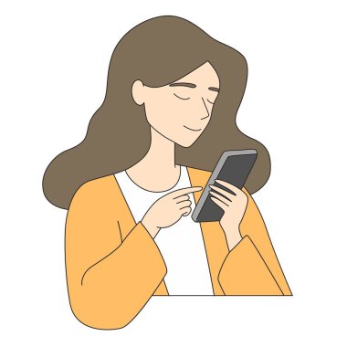 Akıllı telefon kullanan esmer, uzun saçlı bir kadın. Vektör illüstrasyonu beyaz arkaplanda izole edildi