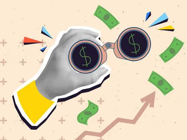 Bir dolarlık dürbünü tutan kişi lenslerle şarkı söyler. Gelir ve kar arayışı kavramı. Modern kolaj tarzında vektör illüstrasyonu