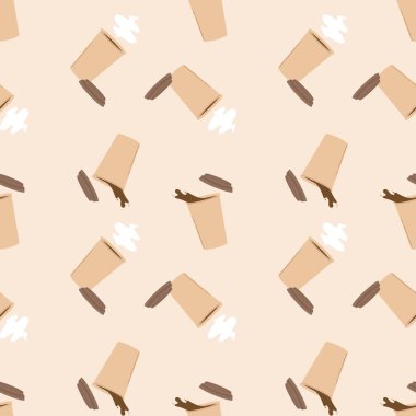 Kahverengi kahve fincanı ya da kapaklı çay eşliğinde kusursuz bir desen. Paket kahve. Düz vektör illüstrasyonu