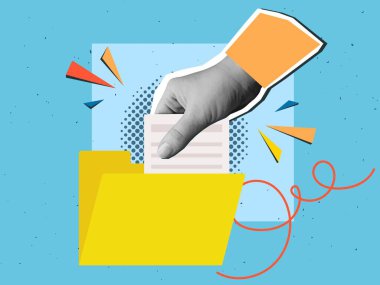 El, bir belgeyi sarı bir klasöre koyar. Modern kolaj tarzı. Vektör illüstrasyonu