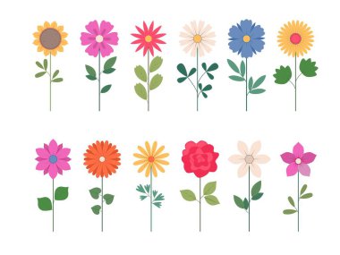 Yeşil yapraklı soyut çiçekler. Bahar bitkisi. Beyaz arkaplanda düz vektör illüstrasyonu