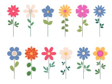 Yeşil yapraklı soyut çiçekler. Bahar bitkisi. Beyaz arkaplanda düz vektör illüstrasyonu