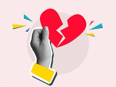 Kırık bir kalbi tutan el. Modern kolaj tarzı. Vektör illüstrasyonu