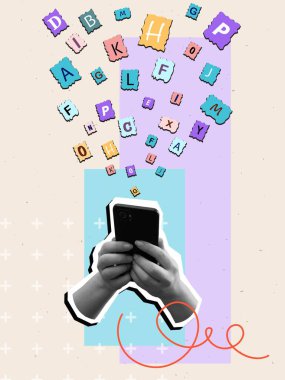 Mesajlaşırken elinde telefon tutan siyah beyaz eller. Uçan harfli akıllı telefon. Modern fotoğraf kolajı tarzı. Vektör illüstrasyonu