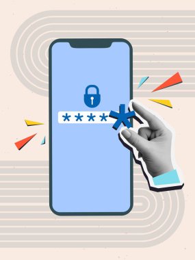 Bir el, telefon ekranındaki parola alanına son yıldız işaretini ekler. İnternet güvenliği. Modern fotoğraf kolajı tarzı. Vektör illüstrasyonu