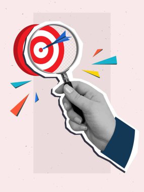 Elinde büyüteçle hedefe ortada bir dart dartıyla bak. Modern kolaj tarzı. Vektör illüstrasyonu