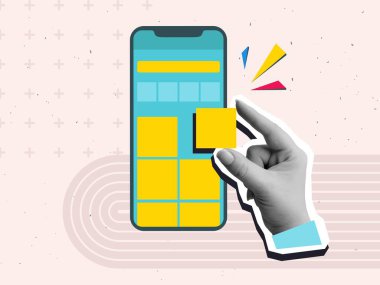 Uygulama düzeni ile telefon ekranına arayüz ögesi ekleniyor. UI UX tasarımı. Modern kolaj tarzı. Vektör illüstrasyonu