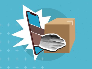 Siyah beyaz eller telefon ekranından karton kutuları uzatıyor. Modern kolaj tarzı. Vektör illüstrasyonu