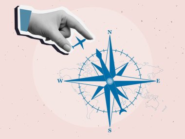 Siyah ve beyaz el, pusula ve dünya haritasının yanında bir uçak silueti tutuyor. Seyahat konsepti. Modern fotoğraf kolajı tarzı. Vektör illüstrasyonu