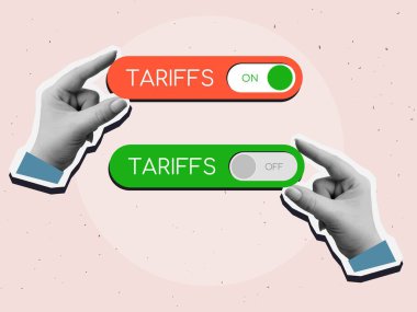 Siyah beyaz eller Tarrifs açık ve kapalı düğme tutuyor. Modern kolaj tarzı. Vektör illüstrasyonu