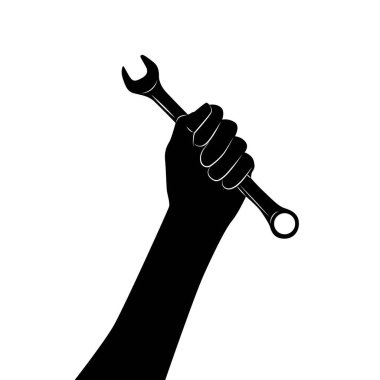 İngiliz anahtarını tutan bir el. Vektör illüstrasyonu beyaz arkaplanda izole edildi