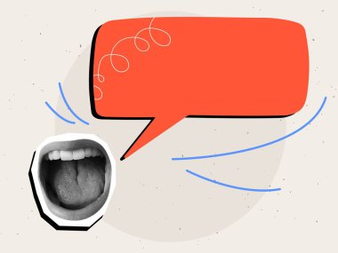 Siyah ve beyaz ağız açtı ve büyük kırmızı konuşma balonu metin için yer açtı. Modern fotoğraf kolajı tarzı. Vektör illüstrasyonu