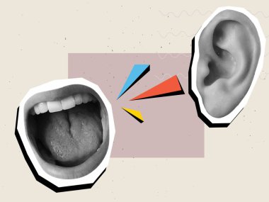 Ağız ve kulak açık bağırmak - iletişim konsepti. Modern kolaj tarzı. Vektör illüstrasyonu