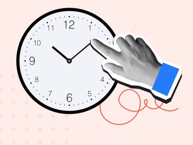 El saat okunu hareket ettirir. Modern kolaj tarzı. Vektör illüstrasyonu