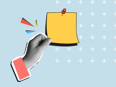 Siyah ve beyaz el sarı hatırlatma notu alır. Modern fotoğraf kolajı tarzı. Vektör illüstrasyonu