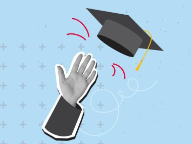 Siyah ve beyaz el üniversite şapkasını fırlatıyor. Mezuniyet töreni konsepti. Modern kolaj tarzı. Vektör illüstrasyonu