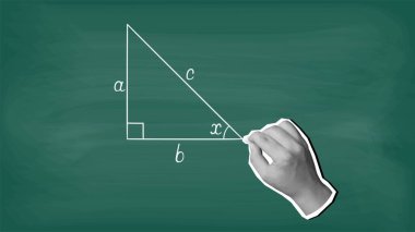 Bir el, tahtaya tebeşirle bir üçgen çizer. Modern kolaj tarzı. Vektör illüstrasyonu