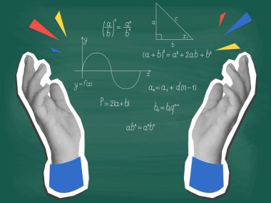 Siyah beyaz eller ve matematik formülleri. Modern kolaj tarzı. Vektör illüstrasyonu