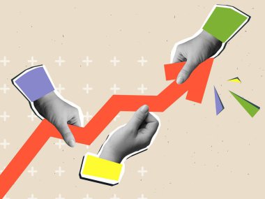 Siyah ve beyaz eller kırmızı oku yukarı çeker. Modern kolaj tarzı. Vektör illüstrasyonu