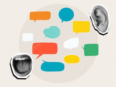 Siyah ve beyaz açık ağızlar, birkaç renkli konuşma balonu ve kulak - iletişim konsepti. Modern fotoğraf kolajı tarzı. Vektör illüstrasyonu