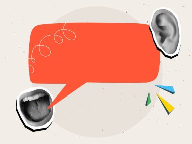 Siyah ve beyaz ağız, boş kırmızı konuşma balonu ve kulak. Modern fotoğraf kolajı tarzı. Vektör illüstrasyonu