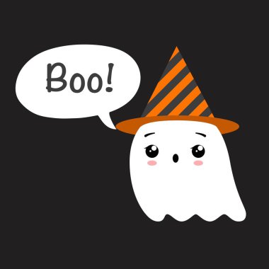 Turuncu parti şapkalı şirin hayalet Boo diyor! Vektör illüstrasyonu siyah arkaplanda izole edildi