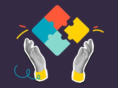 Siyah beyaz eller renkli bir yapboz tutuyor. Modern kolaj tarzı. Vektör illüstrasyonu