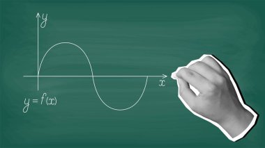 Bir el tebeşirle bir işlevin grafiğini çizer. Modern kolaj tarzı. Vektör illüstrasyonu