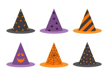Cadılar Bayramı cadı şapkaları koleksiyonu. Vektör illüstrasyonu beyaz arkaplanda izole edildi