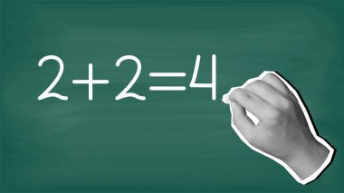 Bir el tebeşirle tahtaya iki kere iki dört yazar. Modern kolaj tarzı. Vektör illüstrasyonu