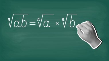 Bir el, tahtaya tebeşirle matematik formülü yazar. Modern kolaj tarzı. Vektör illüstrasyonu