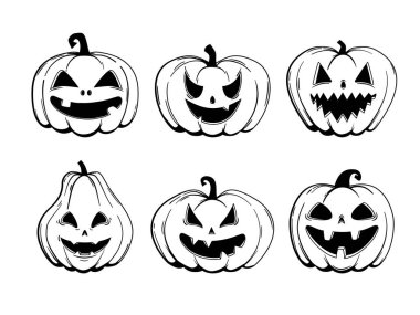 Cadılar Bayramı balkabağı koleksiyonu - Jack o 'Lantern, skeç tarzı. Beyaz arkaplanda izole edilmiş vektör illüstrasyonu