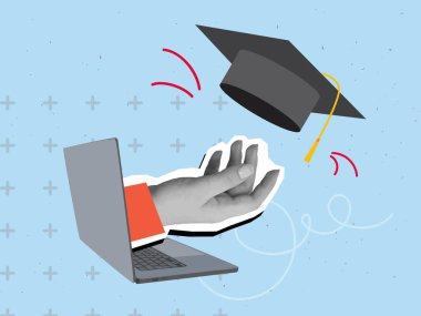Laptop ekranından uzanan siyah beyaz el üniversite şapkasını fırlatıyor. Mezuniyet töreni konsepti. Online eğitim. Modern kolaj tarzı. Vektör illüstrasyonu