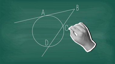 Bir el geometrik figür yazar. Tebeşirle tahtaya teğet geçen bir çember. Modern kolaj tarzı. Vektör illüstrasyonu