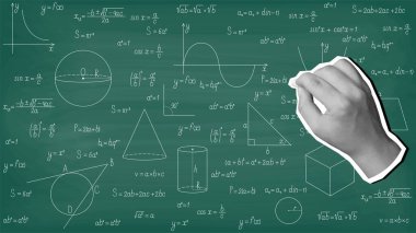 Bir el, tahtaya tebeşirle matematik formülleri yazıyor. Modern kolaj tarzı. Vektör illüstrasyonu