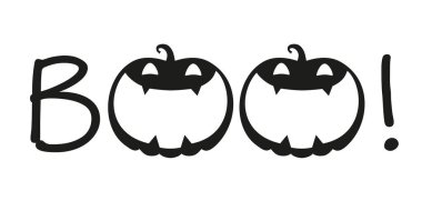 Cadılar Bayramı balkabaklı Boo yazısını. Beyaz arkaplanda izole edilmiş vektör illüstrasyonu