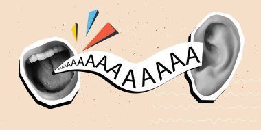 Ağzını ve kulağını açarak çığlık atıyor. Modern kolaj tarzı. Vektör illüstrasyonu