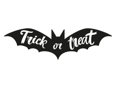 Yazılı siyah yarasa silueti. Şeker mi şaka mı? Vektör illüstrasyonu beyaz arkaplanda izole edildi