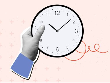 Hand holding wall round clock. Modern collage style. Vector illustration